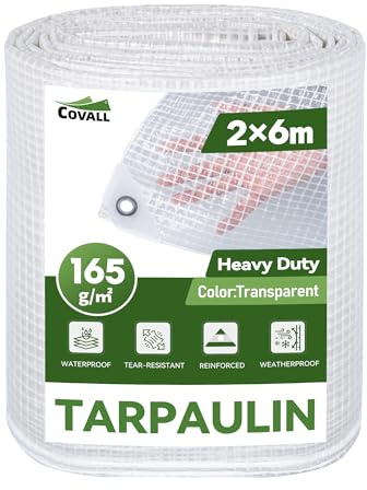COVALL Lona Impermeable Exterior Transparente 2x6 m 165 g/m² con Ojales, Resistente al Desgarro, Intemperie y Anti-UV, Funda Protectora Multiusos para Madera, Jardín, Piscina y Remolque