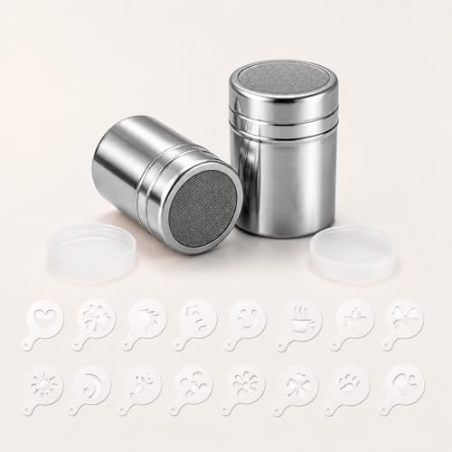 2 stycken pudersockerströare av rostfritt stål med lock, kakao ströare, florsocker med cappuccino-stenciler, 16 delar, rostfritt stål florsockerströare, kakaoströare för choklad, florsocker, mjöl