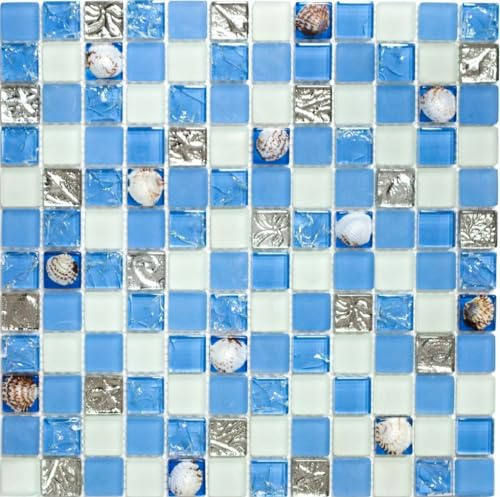 Mosaik Fliese Transluzent blau Glasmosaik Crystal Muschel blau für WAND BAD WC DUSCHE KÜCHE FLIESENSPIEGEL, Mattengröße: 300x300 = 0,09 qm, Steingröße: 23x23x8 mm - 1 Matte