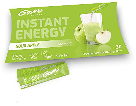 GoMo ENERGY® Instant Getränk ohne Zucker│ natürliches Apfel-Aroma │ Frische Energie mit 80mg Koffein, Vitamin-B-Komplex hochdosiert + Niacin │ Energie Drink mit Stevia │ SOUR APPLE 30 Einzelportionen