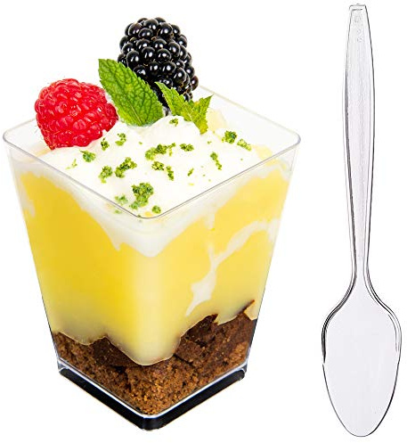 DLux Dessert Cups with Spoons, 160 ml 50 Pcs - Clear Plastic Parfait Appetizer Cups, Square Large Reusable Shot Glass Bowl for Party Desserts Appetizers - with Recipe Ebook
