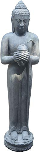 Korb-Outlet Große Buddha-Figur mit Lotus-Gefäß Steinguss/stehender Steinbuddha 150cm, Steinfigur/Skulptur für Haus und Garten
