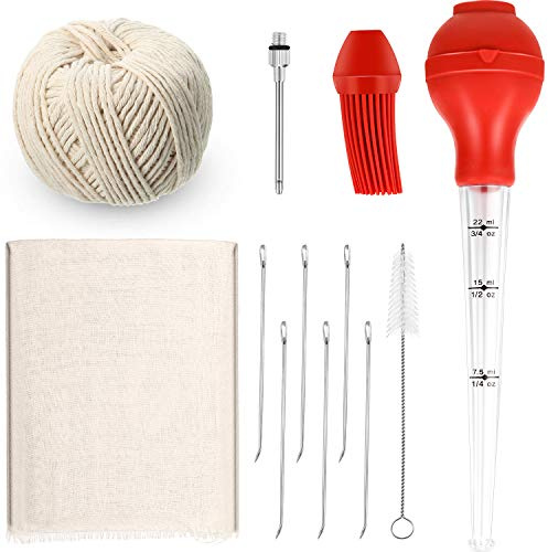 Turkey Baster with Silicone Bulb Meat Marinade Injector Needle Barbecue Basting Brush Cleaning Brush Grade 90 Cheesecloth Turkey Lacer 7 Inch Meat Trussing Needle Cooking Twine for Turkey Beef