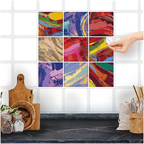 FoLIESEN Adhesivo para azulejos para baño, cocina, cuarto de baño, lámina autoadhesiva – Pegatinas decorativas – Pintura abstracta, .:10 x 10 cm – 9 piezas
