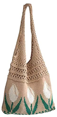 Anopo Donna Uncinetto Tote Estetica Fata Hobo Fiore Borsa a Tracolla Maglia da Spiaggia Accessori Estivi Albicocca