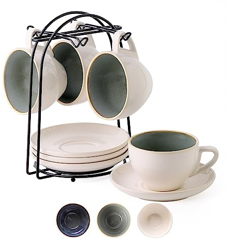 SIDUCAL Stackable Cappuccino Cup Set of 4 [8oz] Ceramic Coffee Cups with Saucers and Cup Holder,Microwave/Dishwasher Safe,Espresso Demitasse Cups(Green)