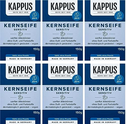 Kappus Sensitive Core Seife – 6×150 g (900 g) – milde pflanzliche Reinigungsseife mit Glycerin, feiner Duft, vegan & hautneutral