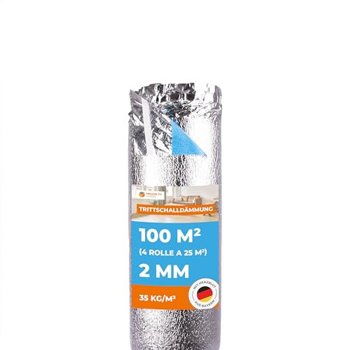 Trittschalldämmung 2mm mit Dampfsperre 100 m² Premium Silver Plus - 4 Rollen - sehr gute Schalldämmung und Wärmedämmung - Fußbodenheizung geeignet für Laminat und Parkett, Raumgewicht 35 kg/m³