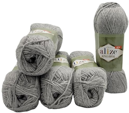 5 x 100 Gramm Ilkadim Export Alpaka Royal Strickwolle, 500 Gramm Strickgarn einfarbig mit 15% Alpakawolle (grau 21)