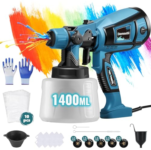 Bonoutil Electric Paint Sprayer Gun 1400ml High Power Electric Spray Paint Gun 3 Spray Patterns 5 Nozzles Adjustable Flow HVLP Paint Sprayer for House Painting Furniture Varnish Latex Paint (Blue)