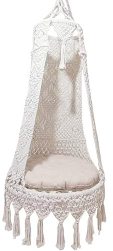 Silla Colgante Blanca Interior Columpioe Jardín con Cojín de Asiento, Sillón Balancín Estable y Robusto, Trenzado en Algodón, para Jardín, Terraza, Balcón(80cm(31.49in))