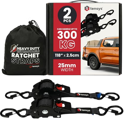 TENSYS Retractable Ratchet Tie Down Straps – Heavy Duty Auto Self Retracting Ratchet Strap Set 600kg Break Force for Cargo Trailer Roof Rack Motorcycle Luggage, Black, 2 Pack, 25mm x 3m
