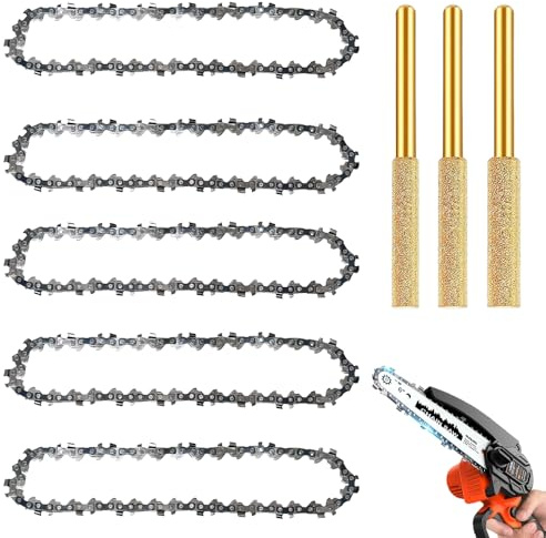 BNGXR 5 catene per motosega da 6 pollici, mini catena per motosega, ricambio per giardino, sega a catena con 3 affilatrici per motosega, 18 lame, 37 maglie di trasmissione, catena per paesaggistica