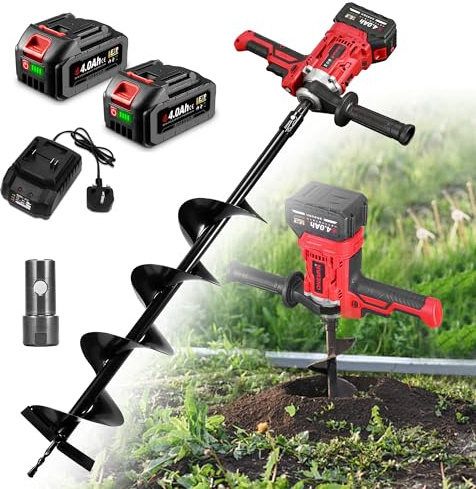 Cordless Earth Auger Fence Post Auger - 270° Rotating Handle Electric Post Hole Digger, Safety Switch, for Installing Fence Posts, Drilling, and Garden Planting. (Incl. 2 Batteries & Charger)