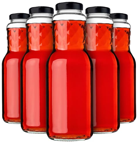KADAX glasflaskor 1 l, 5 stycken, juiceflaskor med skruvlock fi53 mm, tomma flaskor för konservering och fyllning, konserveringsflaskor för juice, bred halsflaska (svart)