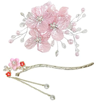 1 st rosa hårnål och 1 persika blomma hårnål, handgjord pärla strass hårkam, brudbröllopstillbehör.