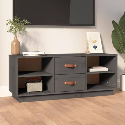 JHQHSM TV-Schrank Grau 100x34x40 cm Massivholz Kiefer mit Stauraum für DVDs und Spielekonsolen, Stabile Oberplatte für Dekorationen, Rustikales Design aus Naturmaterial,