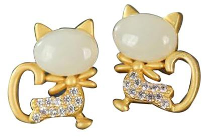 S925 Silver med Natural White Jade Cat Ear Studs Örhängen för Kvinnor Yoga Äkta