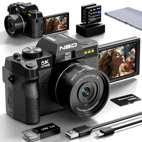 NBD Appareil Photo Numérique 5K 64MP avec autofocus, Zoom numérique 16x, Vidéo 5K/30fps + 4K/60fps, Écran IPS 3 180°, Carte 32GB + 2 Batteries（Noir）