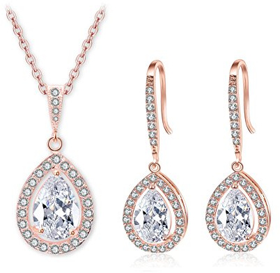 Deyanse Schmuckset Rosegold für Damen, Haken Ohrringe Hängend & Halskette mit Weiß Tropfen Zirkonia CZ Luxus Schmuck, Damen Schmuck mit Geschenkbox für Frau Mutter Mädchen zum Geburtstag Muttertag