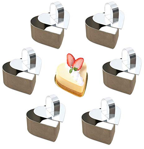 Suneast 6 Stück Edelstahl Tortenring Set Dessertringe Kuchen Ring mit Stampfe BurgerRinge für Mousse und Gebäck - Herz