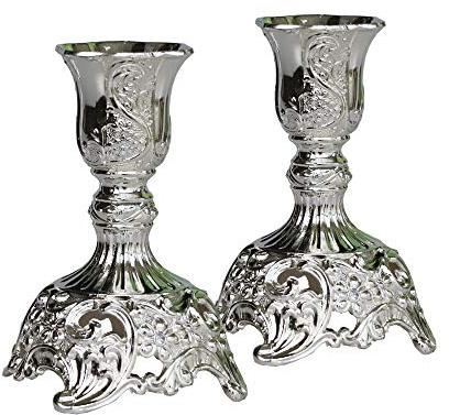 Silberne Kerzenhalter mit luxuriösem graviertem Design, Set mit 2 hochwertigen Metall-Kerzenhaltern (Silber)