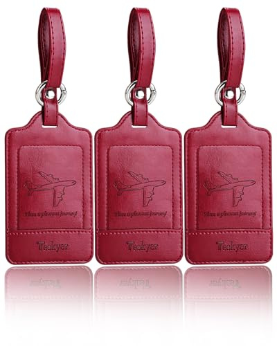 Teskyer Kofferanhänger, 3 Stück - langlebig, weich, Auffällig, Schutz der Privatsphäre, PU-Leder, Kofferanhänger Flugreise, Travel Essentials, Weinrot