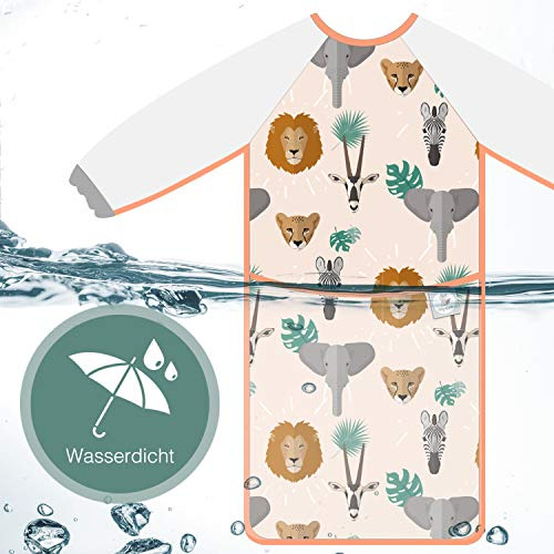 cozy racoon Lätzchen mit Ärmeln für Jungen & Mädchen im Safari Design I 12 bis 48 Monate I Pflegeleichte Ärmellätzchen zum Essen und Basteln perfekt I Größenverstellbar, Abwaschbar und Wasserdicht