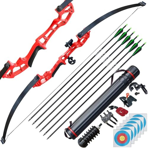 D&Q Archery Set Adult Bow and Arrow Set Adult Takedown Recurve Bow Hunting Bow Target Practice Competition Survival Longbow Right Hand 50 30lbs, 40lbs with 6pcs Mixed Carbon Arrow (Red,30lb)
