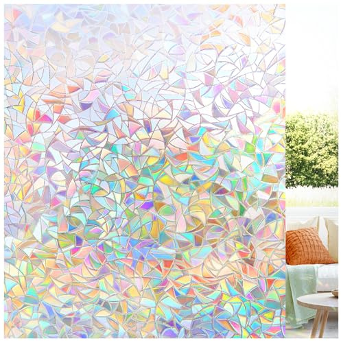 LUTE Window Privacy Film, Rainbow Window Film, 3D Decorative Stained Glass Cling, Non-Adhesive Vinyl Static Cling Removable Glass Stickers, Sun UV Blocking Decal Covering for Home, 17.5 x 78.7 inches