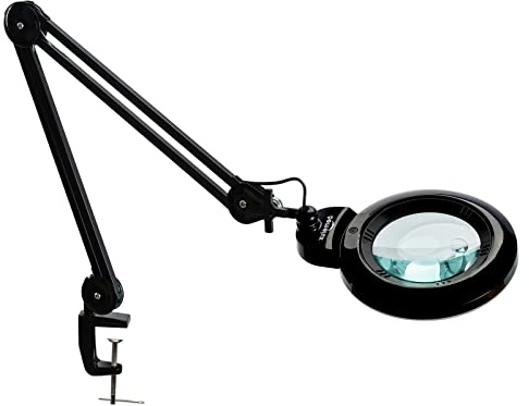 bemelux Bifocals Magnifying Desk Lamp with Clamp, 5 Diopter with 20 Diopter, 6 Inch Detachable Lens and 120PCS LEDs, 3 Color Modes 1200 Lumens Swivel Arm Magnifying Lamp with Light for Crafts (Black)