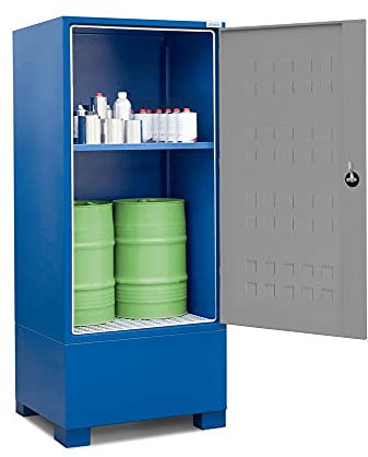 Schrank aus Stahl für Gefahrstoffe, blau, 850 mm x 2000 mm x 700 mm, zur Lagerung von Stoffen, für kleine Fässer, mit Regalboden, stabil