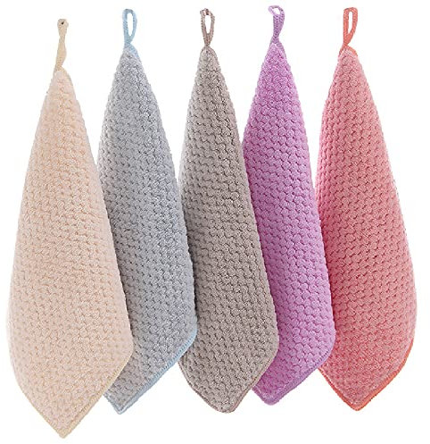PREMJCROY 5 Piece Hand Towel with Loop Soft Fast Drying Hand Towel for Kitchen Square Thin Hanging Hand Towels with Hanging Small Dry Hand Towels for Kitchen Bathroom (5 COLORS)