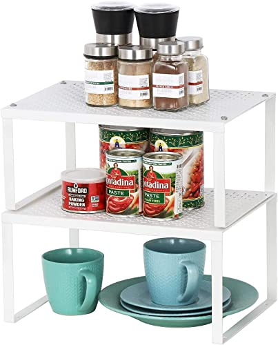 LIANTRAL 2-Pack Stackable Kitchen Cabinet Organizer Shelf - Adjustable & Expandable Cupboard Shelf Organiser for Spices, Cans | Space Saving Shelves for Kitchen Pantry, Cupboard, Cabinet | White