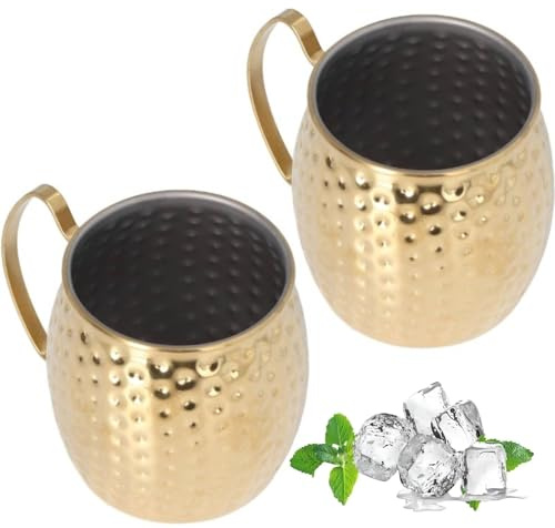Cyrank Moscow Mule Copper Mugs Set of 2, 500ml Moscow Mule Copper Mug for Cocktails Beer Cup for Party Decoration Stainless Steel Cup for Cocktail Wine, Beer, Cold Drink, Home, Bar(Gold)