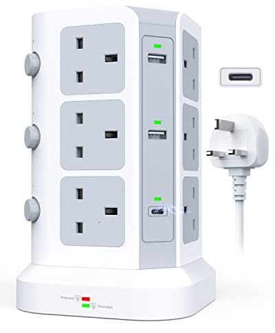 KOOSLA Tower Extension Lead, Dual 20W USB-C, 12 Way, 2M, White | 12 AC Outlets, Dual 20W USB-C PD, 4 USB-A Ports, 13A 3250W, 2M Cable, Home, Office, School