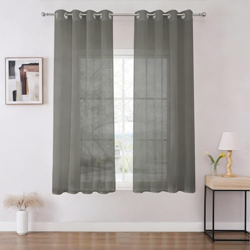 Joydeco Gardinen Kurz mit Ösen Transparente 2er Set, Optik Gardine Voile Ösenvorhang Ösenschal Durchsichtig Vorhang Kurz für Schlafzimmer Wohnzimmer Schlaufenschal (Grau, 2xH145xB140)