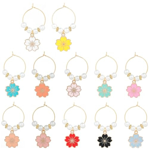 SUNNYCLUE 1 Box 12Pcs Wine Charms Wine Glass Charm Tags Glass Ball Charms Spring Flower Drink Marker Tags Gold Wine Identifiers for Gathering Wedding Holiday Party Favor Drinks Decor Gift UK Supplies