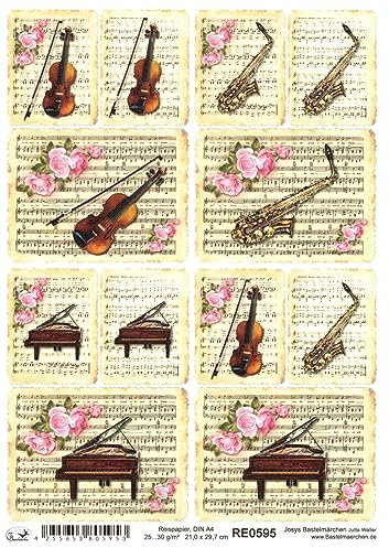 Josys Bastelmärchen Reispapier Strohseide Decoupage Serviertentechnik Musik Noten Geige Rosen RE0595