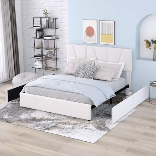 KOMHTOM Rembourré Lit Double avec 4 Tiroirs de Rangement Cadre de Lit Plateforme Support à Lattes et Tête de lit, Moderne(sans Matelas) (Beige, 140 x 200CM)