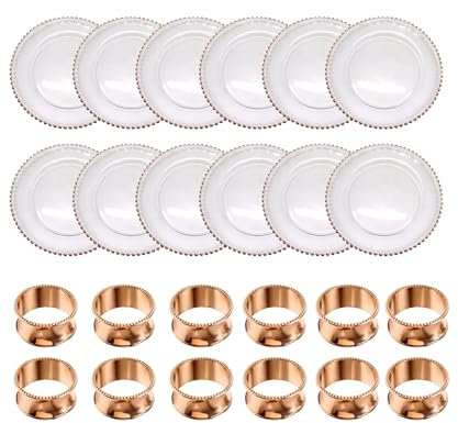 WedDecor Set mit 12 Platztellern und Serviettenringen, Tafelaufsatz, klares Glas mit Perlentellern und gehämmertem Design, Perlenrand, Serviettenringe für Party, Abendessen, Tischdekoration, Events,