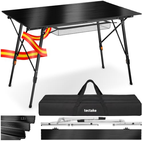 tectake® Mesa Camping Plegable con Altura Ajustable, Mesa Auxiliar de Aluminio con Topes, Mesa Exterior para Jardín, Terraza, Picnic, con Red de Almacenamiento y Bolsa de Transporte, 90x52x70 - Negra