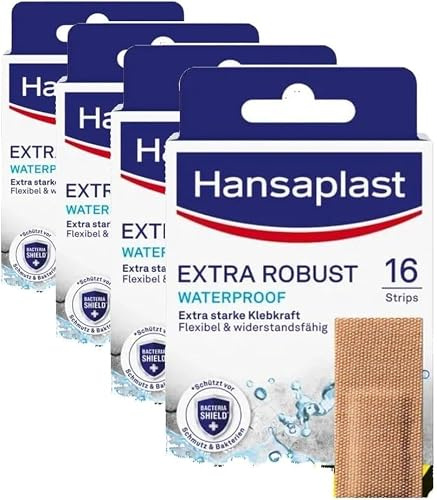 Hansaplast Extra Robust Waterproof Textil-Pflaster (16 Strips), widerstandsfähiges und wasserfestes Pflaster mit extra starker Klebkraft, flexible und atmungsaktive Wundpflaster (Packung mit 4)