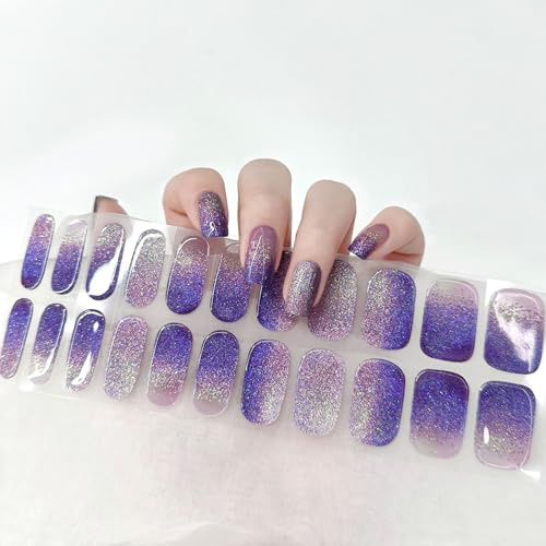 Ceboic Halbgehärtete UV Gel Strips, 22PCS Nagelfolie Selbstklebend Langanhaltende Gellack Wraps für Nagel, Gel-Nagelfolien UV Härtend Nagellackstreifen zum Aufkleben (Lila Glitzer Gradient)