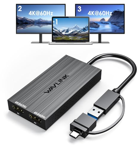 WAVLINK USB 3.0 or USB C to Dual HDMI 4K@60hz Splitter Extended Display for Dual Monitor, Displaylink Adapter Two HDMI 4K 60Hz for Apple Mac M1-M5/Macbook Neo or Windows 10/11,Driver Required