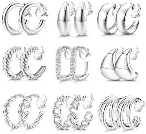JeweBella 9 Paar Ohrclips Damen Ohne Ohrlöcher Silber Gold Chunky Clip Ohrringe Creolen Klipp Ohrringe Damen Ohrclips Ohne Ohrloch Fake Ohrringe Sets für Damen Modeschmuck Geschenk