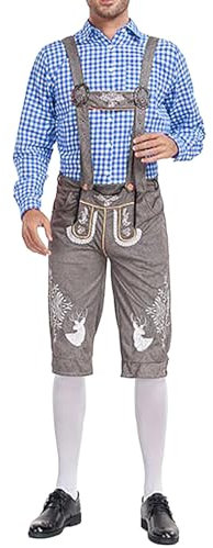 Trachten Lederhose Herren Grau Trachtenlederhose Kurz mit Hosenträger Trachtenhose Blau & Grün & Rot Kariertes Hemden für Herren Trachte Jogginghose für Oktoberfest Outfit
