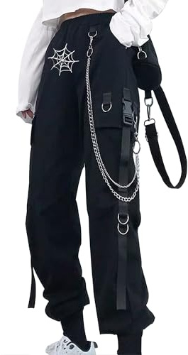 YINGWIN Cargobyxor dam med byxkedja gotiska kläder dam goth punk Y2k techwear byxor, Spindelnät, S