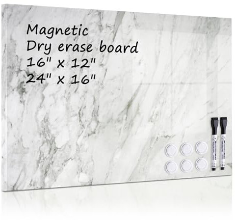QUEENLINK Magnetische trocken abwischbare Tafel – 61 x 45,7 cm, dekorative Magnettafel für die Wand, Whiteboard, Magnettafel, Anzeigetafel, weißer Marmor