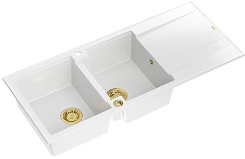 QUADRON fregadero doble cubeta blanco, EVAN 121 GraniteQ, fregadero de granito de 2 cubetas en 1160x500x210 mm, Push 2 Open fregadero con sifón con escurridor, elementos PVD oro